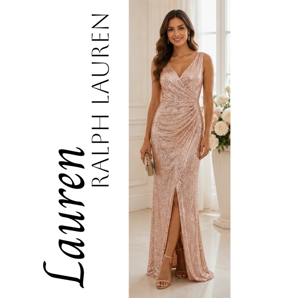 Lauren Ralph Lauren Sequin Gown Blush Pink Ruched Formal Evening Dress Size 8